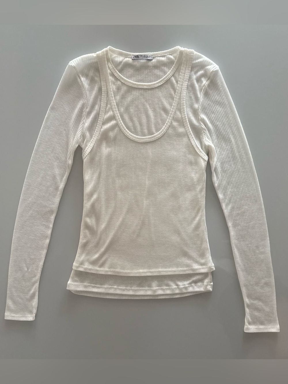 Zara Women’s White Ribbed Long Sleeve Layered Tshirt Top - Size Large